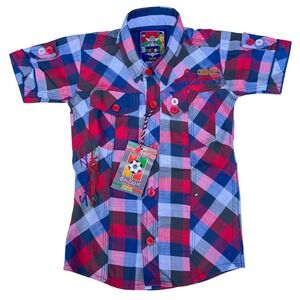 Plaid‎ Red Polo Pony/Sports Logo Short Sleeve Youth Embroidered Button Up Shirt